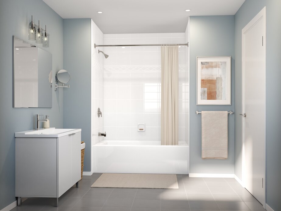 Clean and relaxing bathroom with white bath tub and chrome finishes