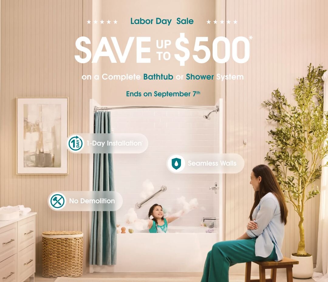 Woman sitting in bathroom beside tax season savings promotion
