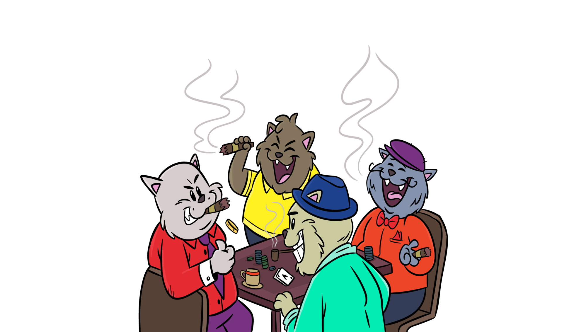 Cartoon fat cats sitting around a table smoking cigars