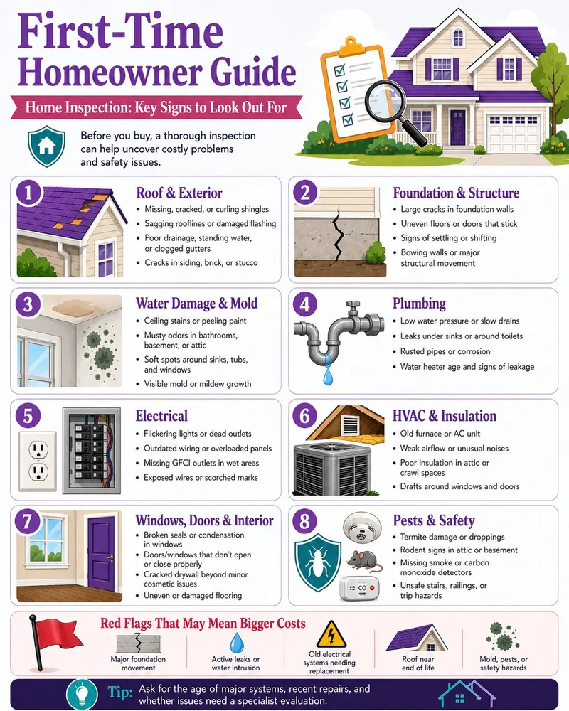Home inspection checklist infographic for first-time homeowners showing 8 critical areas to inspect and red flag warning signs