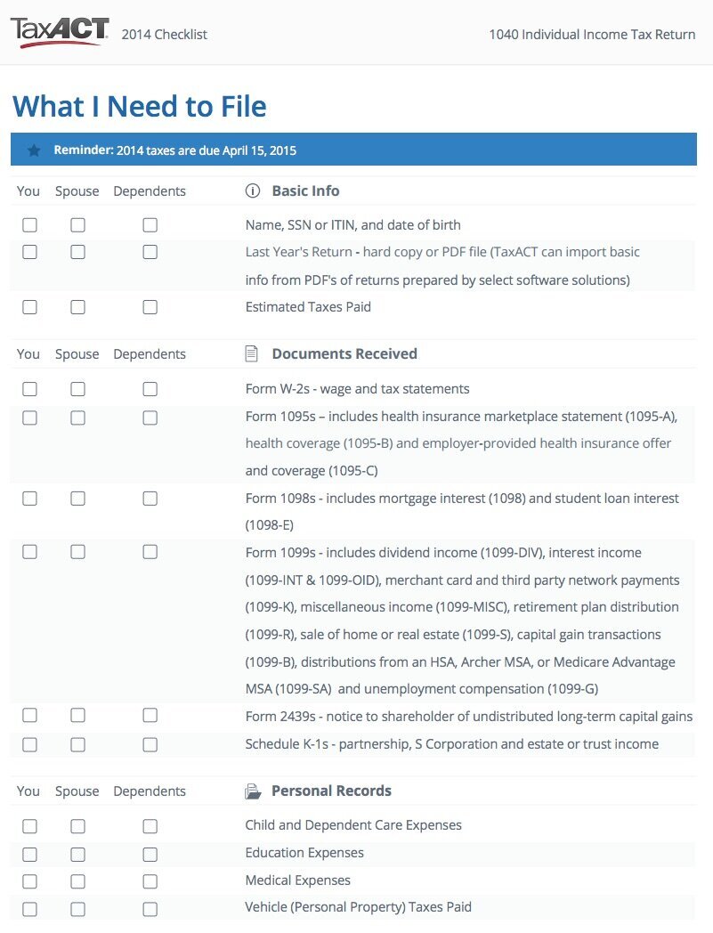 TaxAct checklist