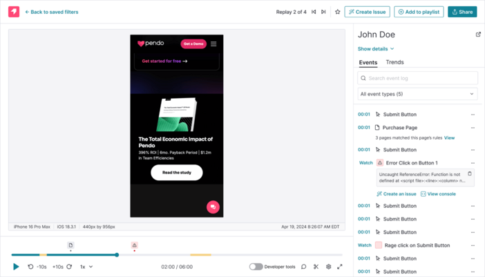 Pendo mobile session replay tool showing user session recordings