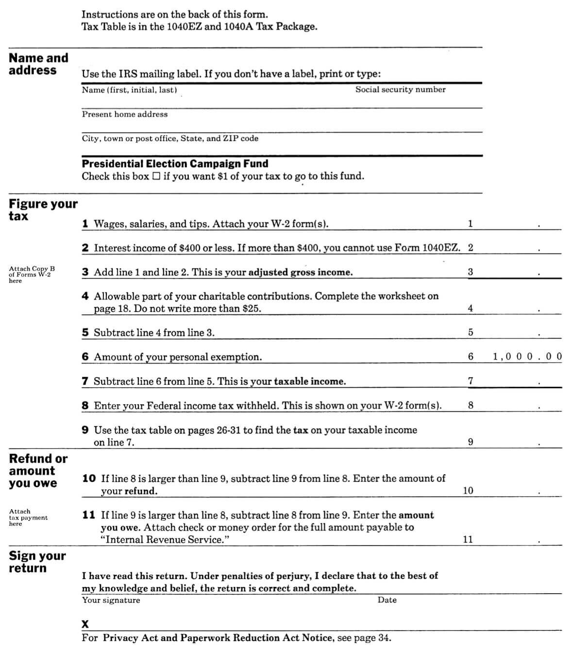 Tax Form 1040ez--1982