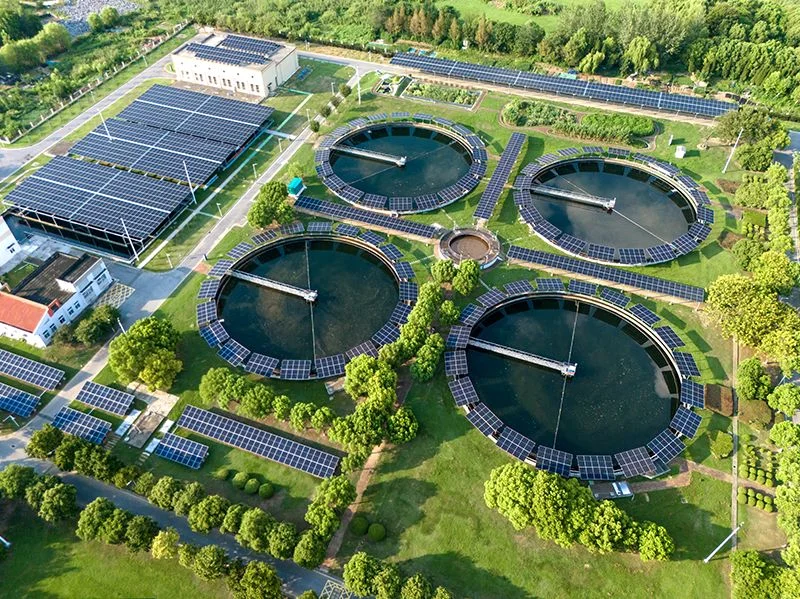 Aerial view of a solar power station with water treatment plant