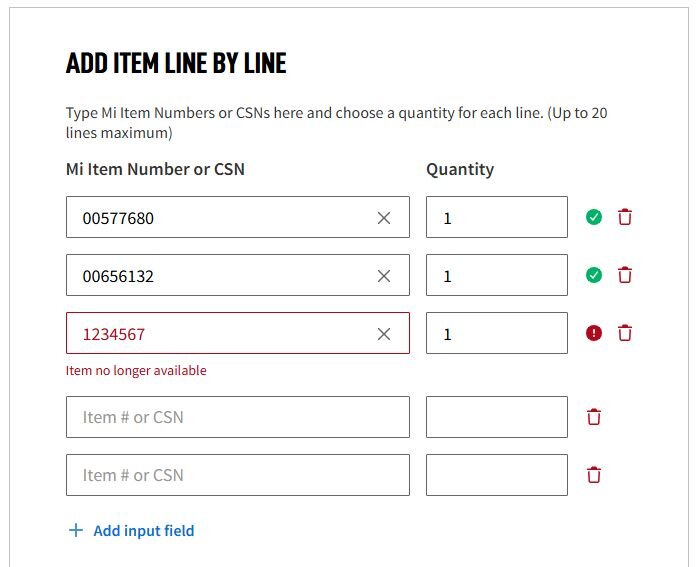 A screenshot of the "Add item line by line" feature of Quick Order.