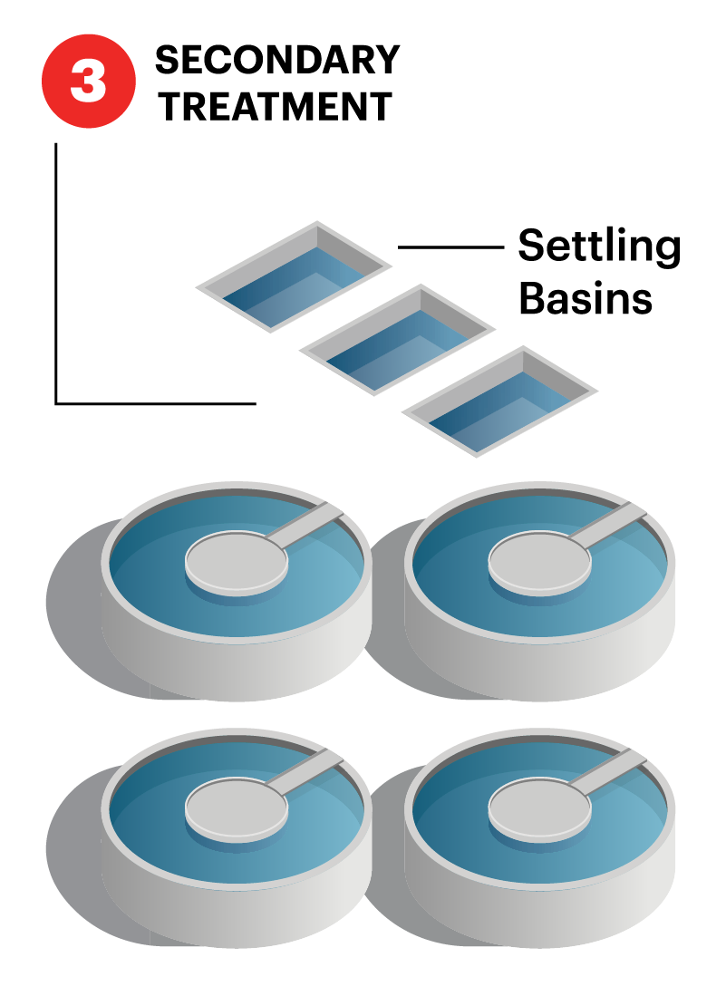 Illustration of Secondary Treatment / Settling Basins at a water treatment facility.