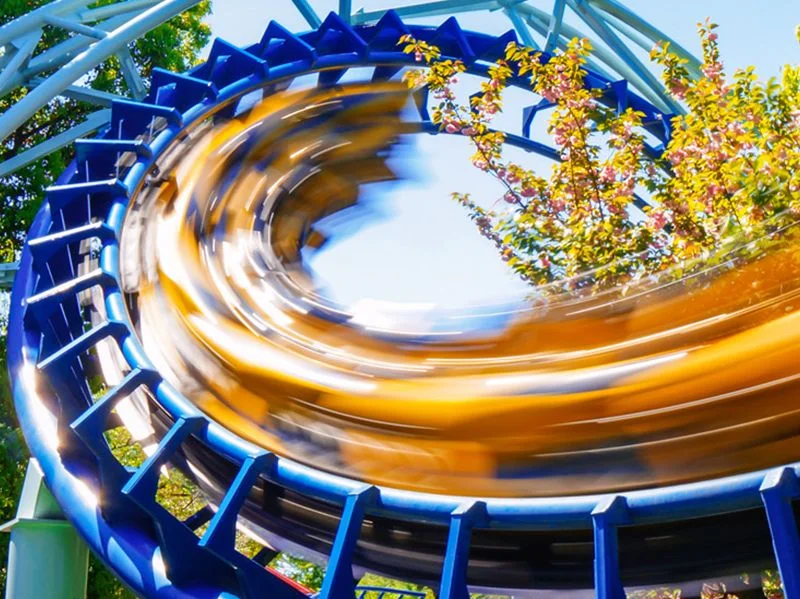 Long exposure photography of rollercoaster going fast 