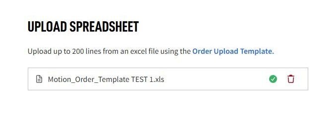 A spreadsheet was uploaded to the Quick Order feature on Motion.com