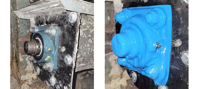 An image of an industrial part before and after being sprayed with Enviropeel thermoplastic coating.