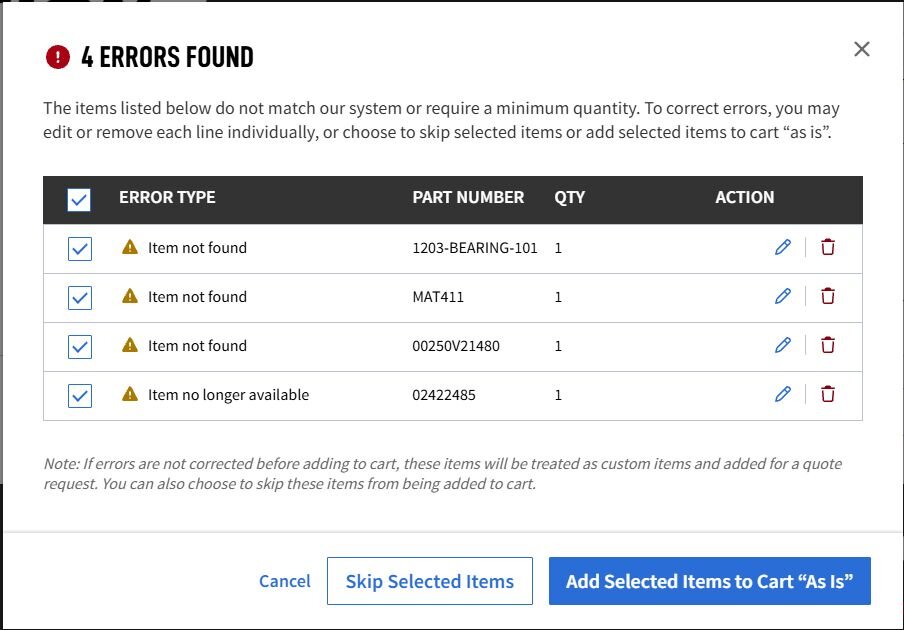 Errors are displayed while using the quick order feature.