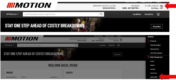 The Motion.com website with an arrow pointing to the Quick Order feature.