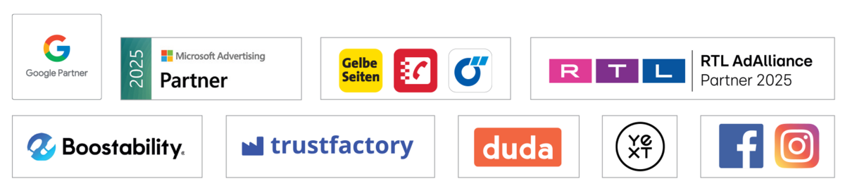 Logos von den Partnern: Google Partner, Yext, agendize, mozaik und ChatWerk.