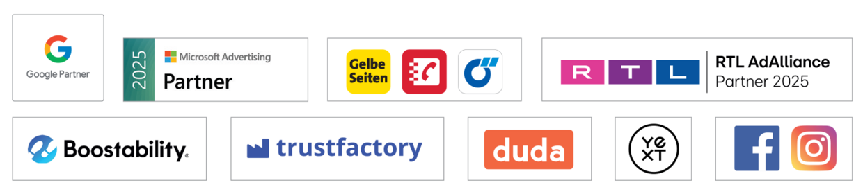 Logos von den Partnern: Google Partner, Yext, agendize, mozaik und ChatWerk.