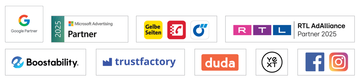 Logos von den Partnern: Google Partner, Yext, agendize, mozaik und ChatWerk.