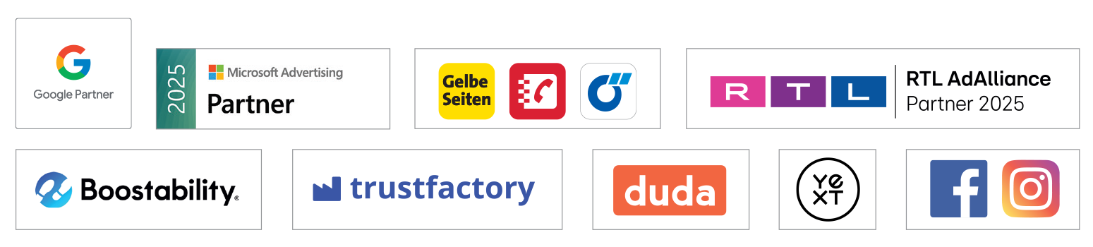 Logos von den Partnern: Google Partner, Yext, agendize, mozaik und ChatWerk.