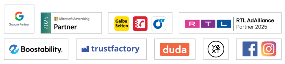Logos von den Partnern: Google Partner, Yext, agendize, mozaik und ChatWerk.