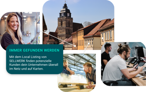 Illustration einer Stadtkarte mit markierten Standorten; eine Sprechblase daneben hat den Text "Immer gefunden werden".