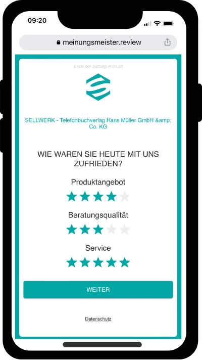 Smartphone mit einer Vorschau vom Meinungsmeister mit Bewertungen über das Produktangebot mit 4 Sternen, Beratungsqualität mit 3 Sternen und Service mit 5 Sternen. 