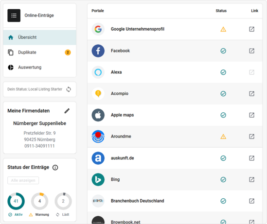 Übersicht der Firmendaten im Online-Tool SELLWERK Prime, dargestellt so, wie sie erscheinen, wenn die Daten korrekt eingetragen sind.