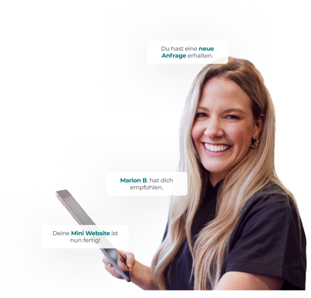 Eine Hand hält ein Smartphone, auf dem eine Sellwerk Mini-Website zu sehen ist.