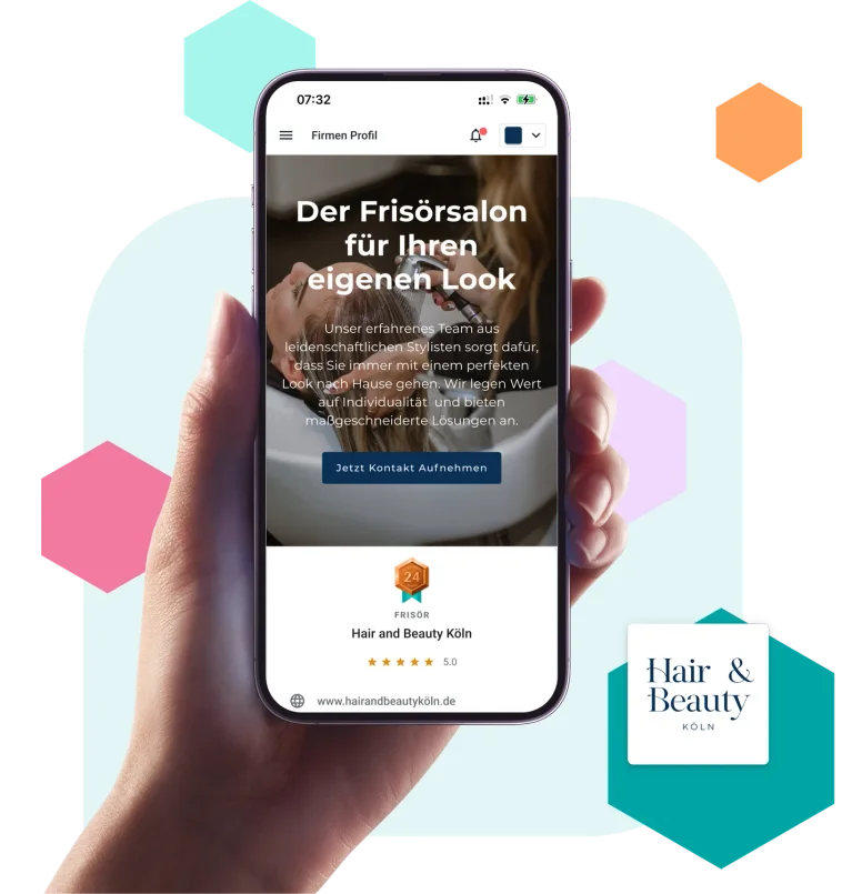 Eine Hand die ein Smartphone hält. Darauf zu sehen ist eine Vorschau der Mini-Website von SELLWERK.