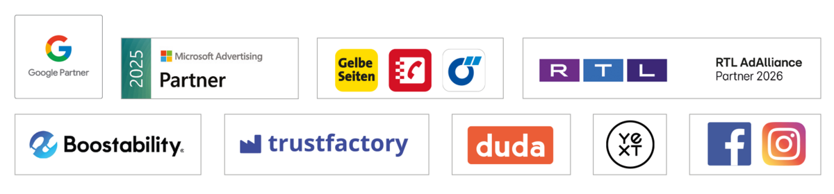 Logos von den Partnern: Google Partner, Yext, agendize, mozaik und ChatWerk.