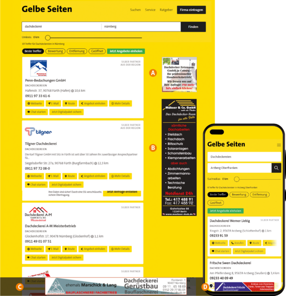 Screenshot von Einträgen im Branchenbuch Gelbe Seiten auf Desktop- und Mobilansicht.