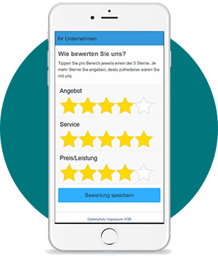 Screenshot eines Smartphones mit der Benutzeroberfläche von Meinungsmeister, auf der Kunden ein Unternehmen bewerten können.