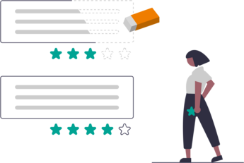 Illustration eine Frau und zwei Bewertungen. Eine der Bewertungen wird mit einem Radiergummi gelöscht.
