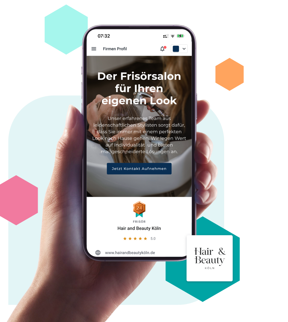 Eine Hand hält ein Smartphone, auf dem eine Sellwerk Mini-Website zu sehen ist.