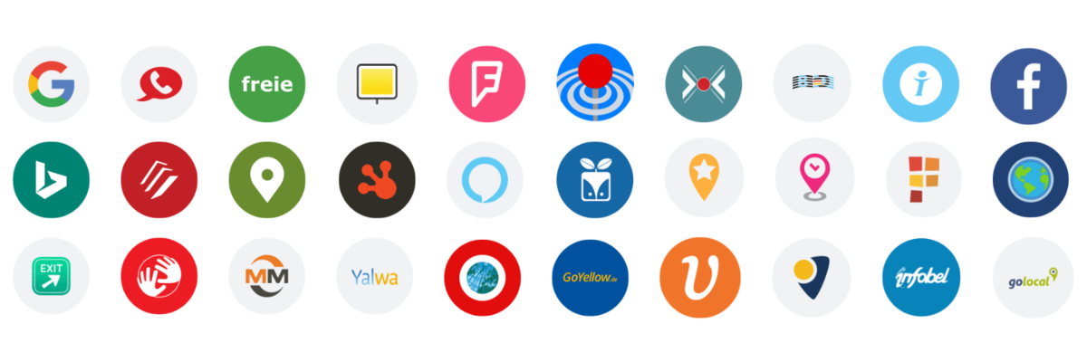 Aufzählung der Verzeichnisse. Google, Das Telefonbuch, Meine Stadt, Speisekarte, Bing, Facebook, GoYellow, GoLocal, Gute Frage, Marktplatz Mittelstand und viele weitere.