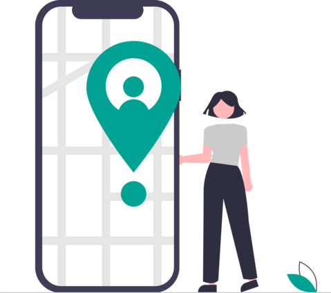 Illustration eines Smartphones auf dem der Standort hervorgehoben ist. Daneben steht eine Frau.
