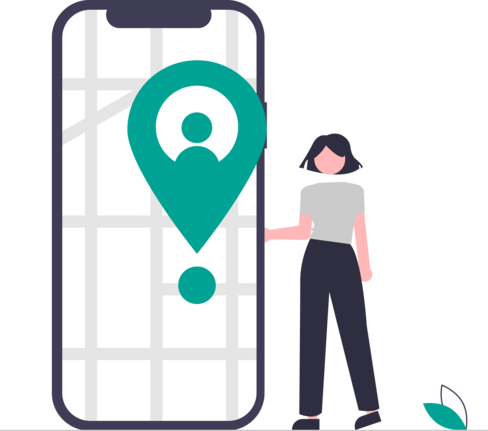 Illustration eines Smartphones auf dem der Standort hervorgehoben ist. Daneben steht eine Frau.