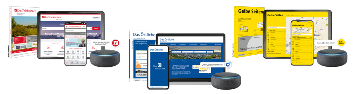 Illustration der Verzeichnisse von Das Örtliche, Das Telefonbuch und Gelbe Seiten in Form von Amazon Alexa, Handy, Tablett und Desktop