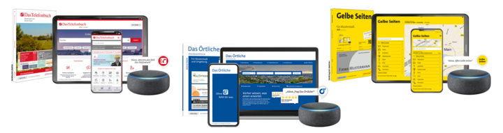 Illustration der Verzeichnisse von Das Örtliche, Das Telefonbuch und Gelbe Seiten in Form von Amazon Alexa, Handy, Tablett und Desktop