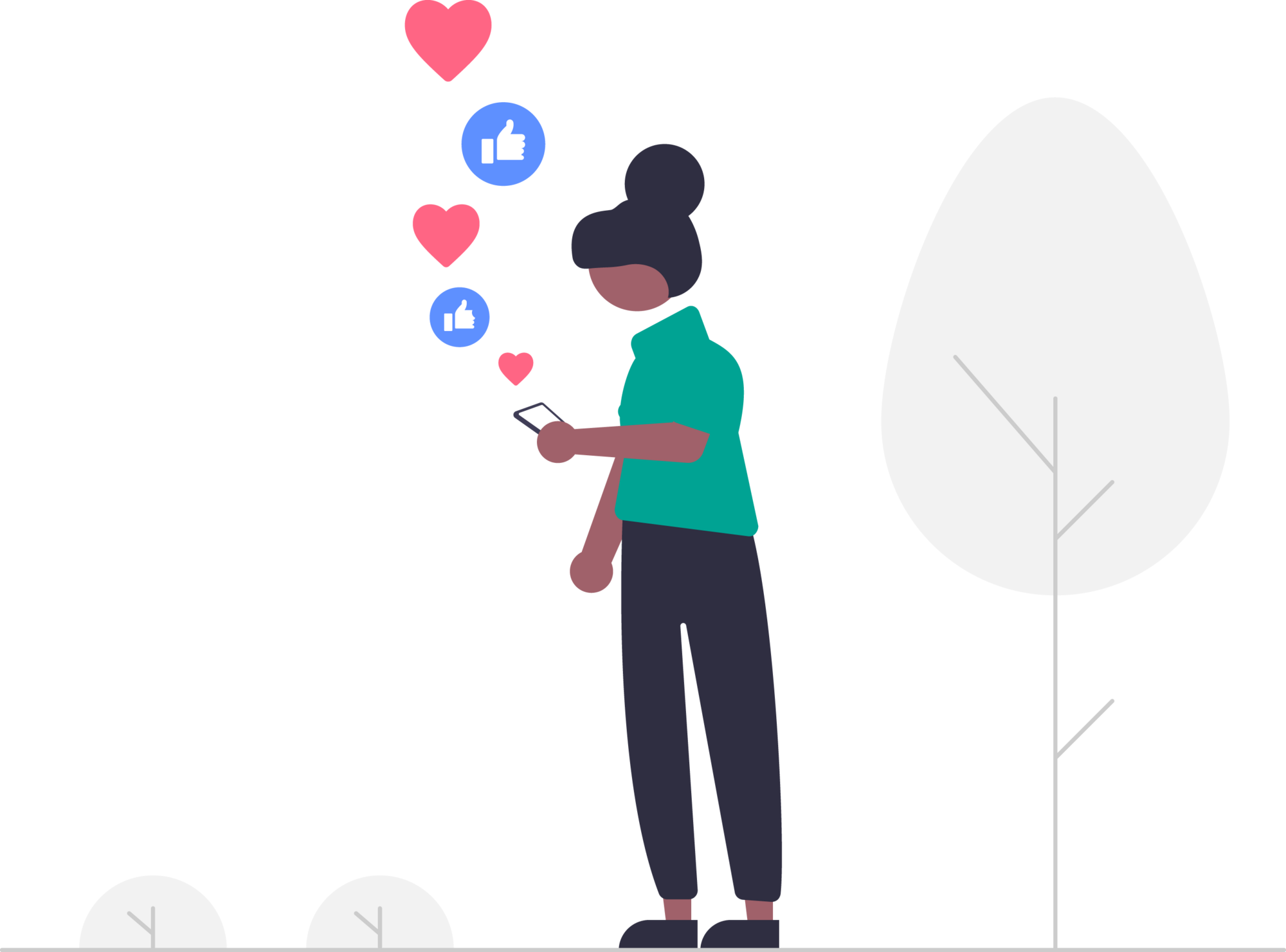Illustration von einer Frau mit einem Smartphone in der Hand und Social Media Icons