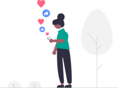 Illustration von einer Frau mit einem Smartphone in der Hand und Social Media Icons