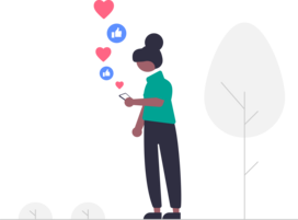 Illustration von einer Frau mit einem Smartphone in der Hand mit Social Media Icons