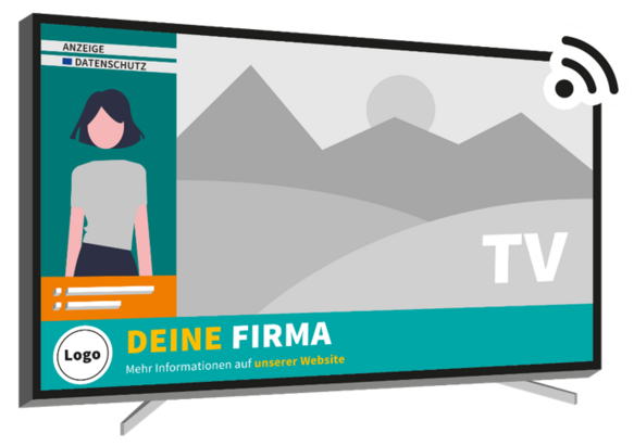 Illustration eines Fernsehers mit einem TV-Banner. Darauf ist eine Frau abgebildet und unten drunter steht Logo und daneben deine Firma.