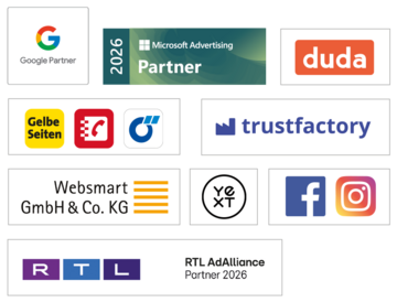Logos von den Partnern: Google Partner, Microsoft, RTL, duda, YEXT, Websmart und Verzeichnisse