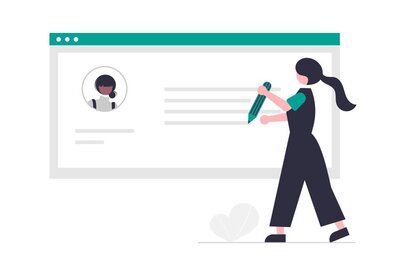 Illustration von Laptop und einer Frau, die die Website mit einem Stift bearbeitet.