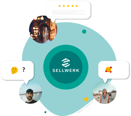 Illustration in der das Sellwerk Logo in der Mitte steht und außen rum sind Bilder von Menschen mit verschiedenen Emojis und Bewertungen. 