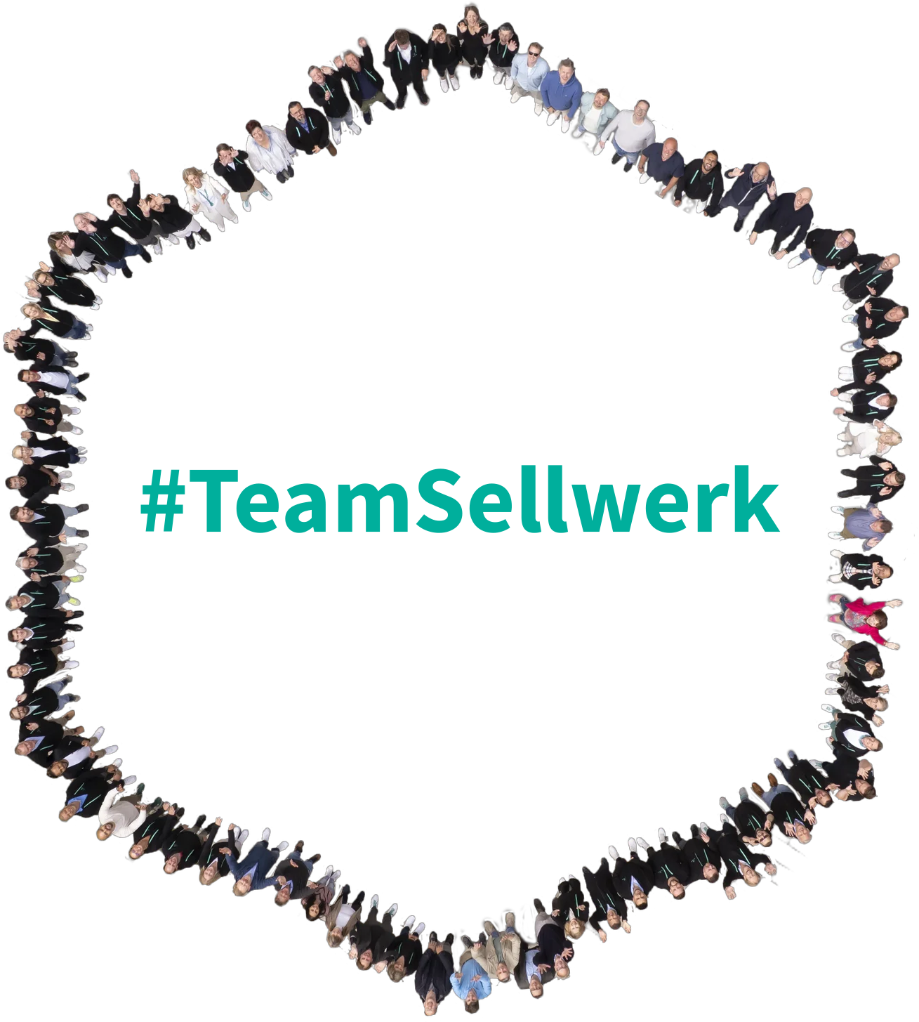 Menschen bilden ein Hexagon und i der Mitte steht #TeamSellwerk