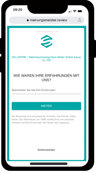 Smartphone mit der Vorschau von Meinungsmeister. Darauf steht, wie die Erfahrungen mit uns waren und darunter eine Zeile in die man die Erfahrung eintippen kann. Darunter ein Button mit Weiter.