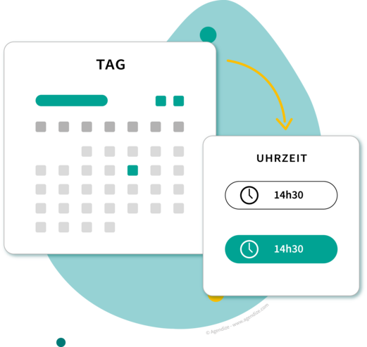 Illustration mit einem Terminkalender und einem Pfeil der zu einem Fenster führt auf dem die Uhrzeit ausgewählt werden kann. 