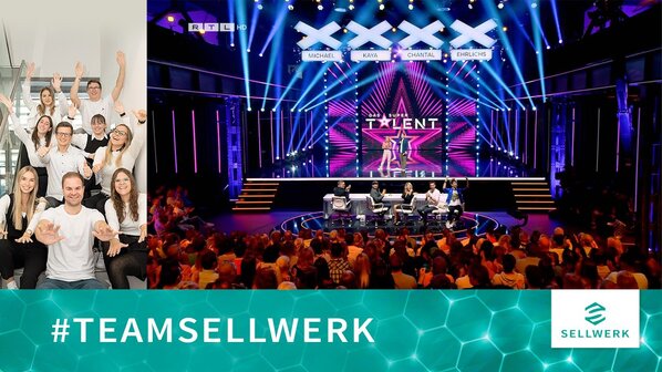 Bild von einem Bildschrim auf dem das Supertalent auf RTL läuft daneben eine TV-Banner mit einem Team Sellwerk Bild unten steht #TeamSellwerk mit unserem Logo.