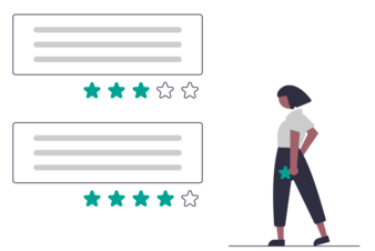 Illustration des Bewertungs-Tools Meinungsmeister, neben dem eine Frau steht. Meinungsmeister ist ein Bewertungsmanagement-Anbieter, der Unternehmen dabei unterstützt, authentische Kundenbewertungen zu sammeln und ihre Online-Reputation zu