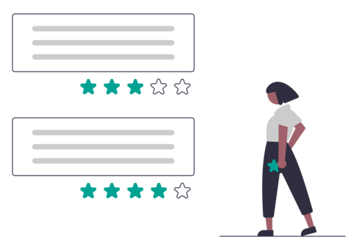 Illustration von 2 Bewertungen mit einmal 3 Sternen und einmal mit 4 Sternen. Daneben steht eine Frau mit kurzen Haaren und einem Stern in der Hand. 