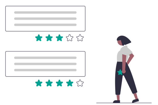 Illustration von 2 Bewertungen mit einmal 3 Sternen und einmal mit 4 Sternen. Daneben steht eine Frau mit kurzen Haaren und einem Stern in der Hand. 