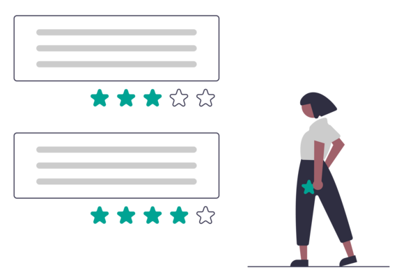 Illustration von 2 Bewertungen mit einmal 3 Sternen und einmal mit 4 Sternen. Daneben steht eine Frau mit kurzen Haaren und einem Stern in der Hand. 